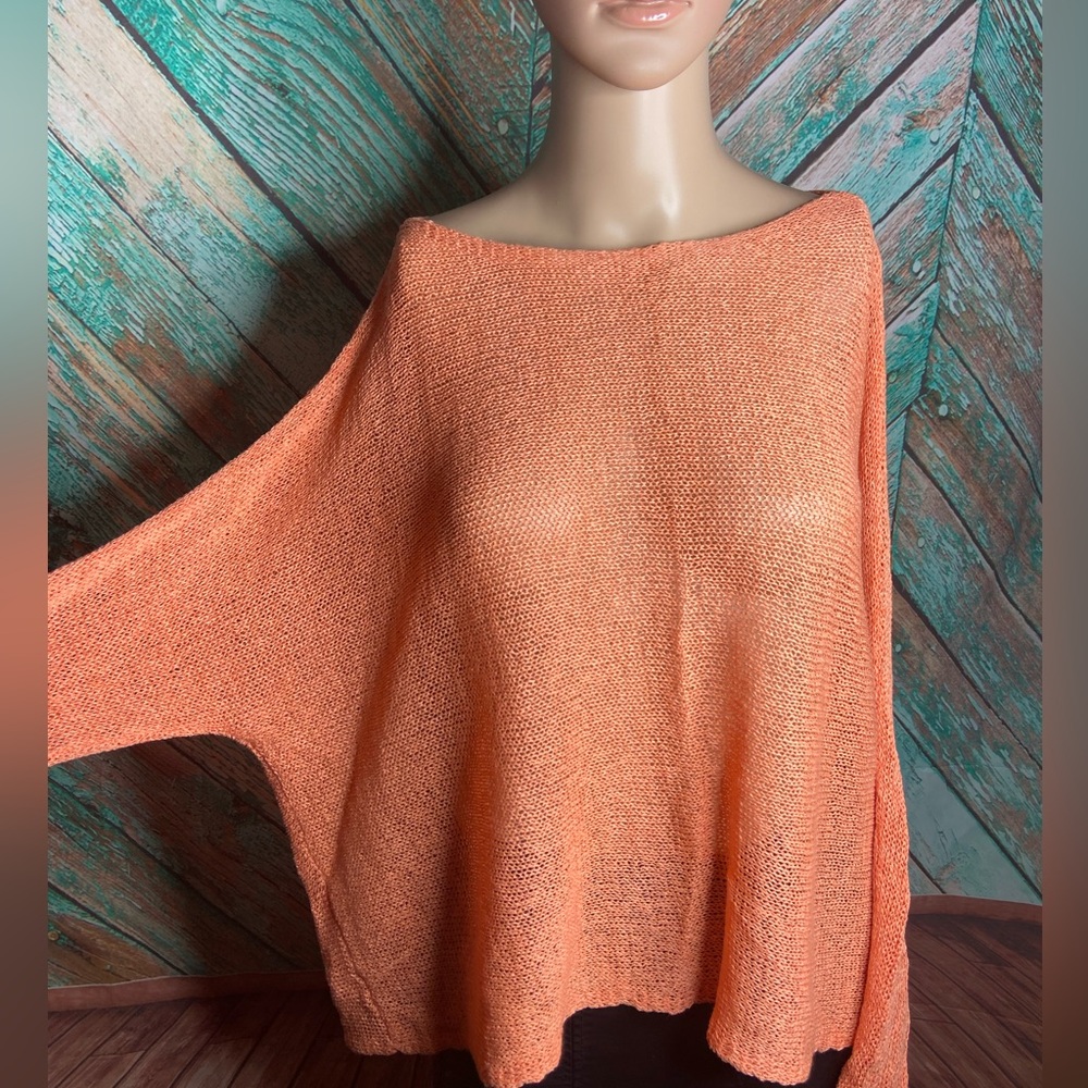 Eileen Fisher Orange Sherbet Sheer Linen Blend Open Weave Sweater - Picture 2 of 8